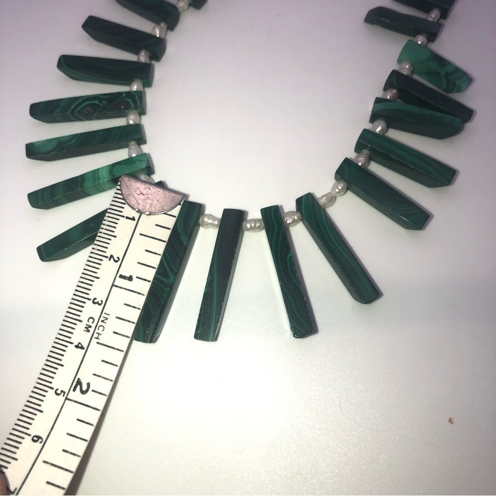 VTG Sterling Malachite & Biwa Rice Pearl Egyptian Style Bib Necklace 17” + 1.4” - Picture 6 of 6